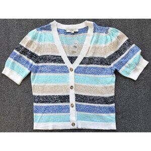 NWT LOFT Striped Pointelle Short Sleeve Cardigan Sweater 100% Cotton Blue Large